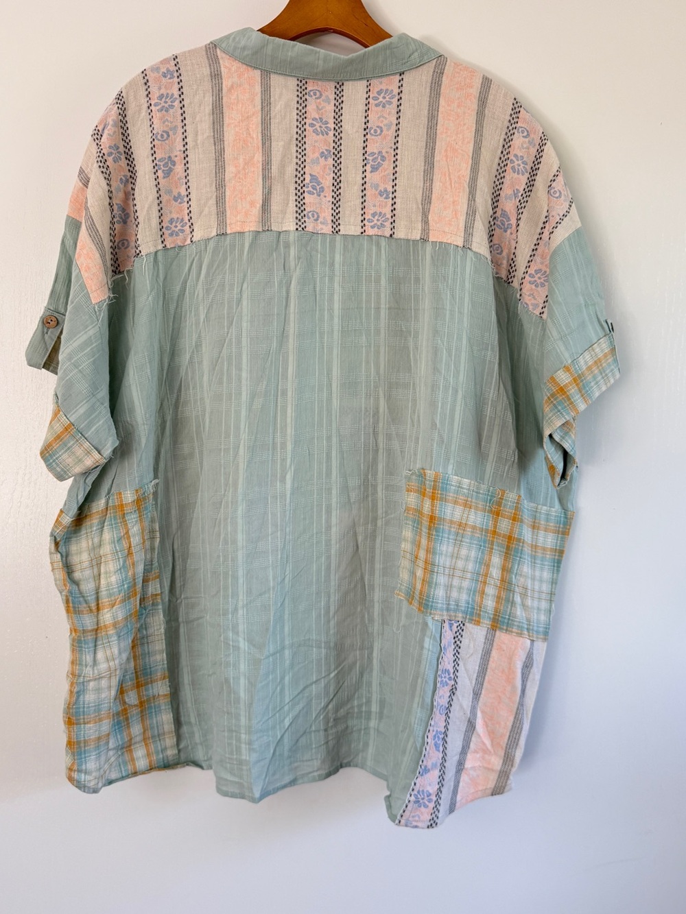 Gigio Mint Patchwork Short-Sleeve Button-Up Shirt Plaid Floral Cotton XL - Picture 2 of 5